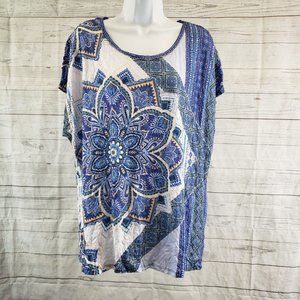 Chicos Womens Top Sz Large Blue White Mandala Print Short Sleeve